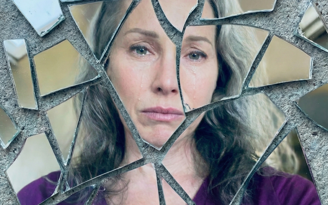 Conceptual shattered-mirror portrait representing the fragmented experience of living with complex chronic illness.