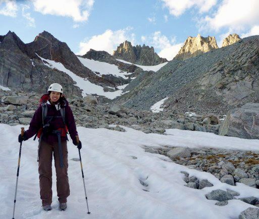 Julie Lorraine mountaineering before chronic illness changed her active lifestyle.