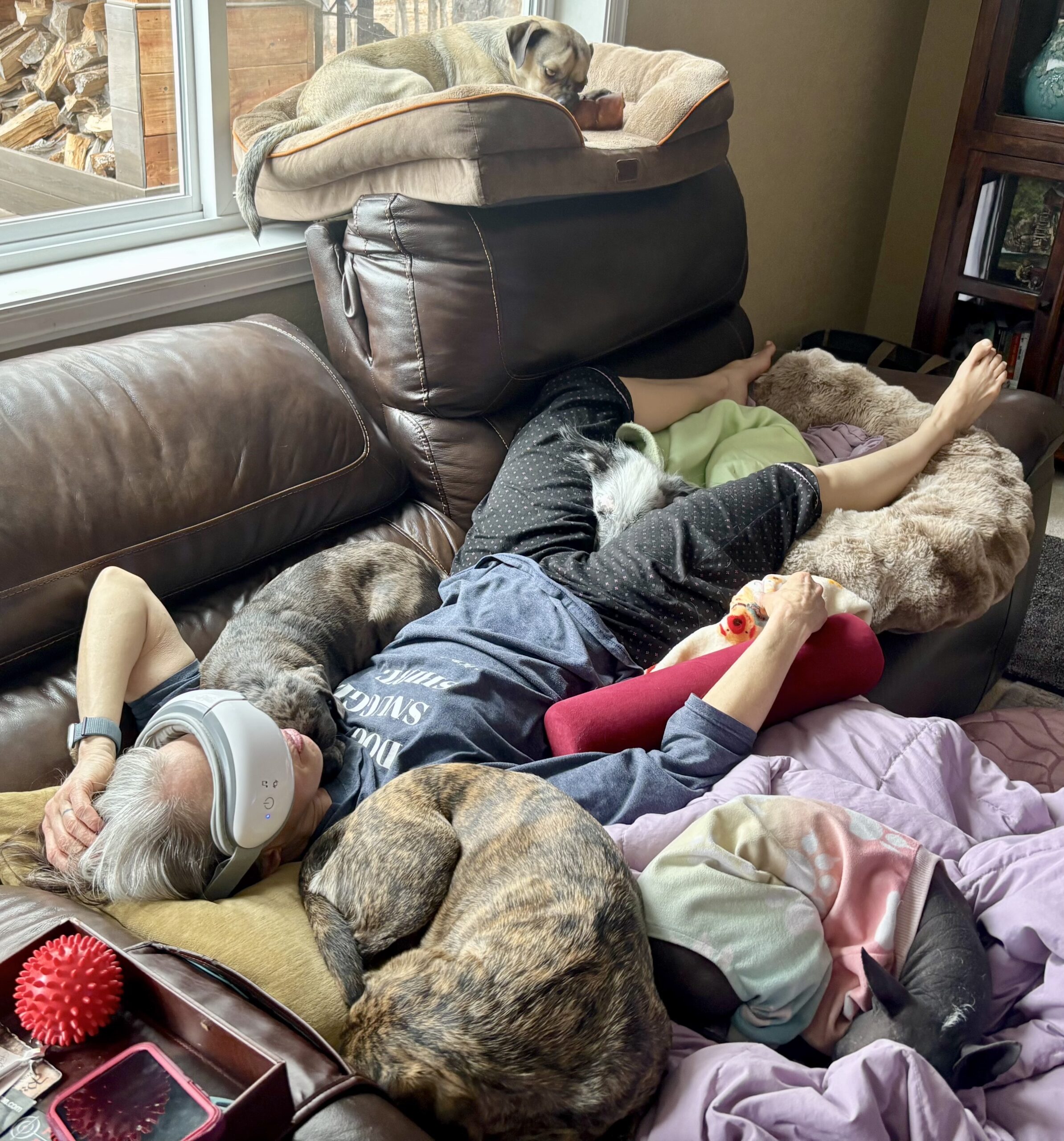Julie Lorraine lying on the couch wearing a headache relief device with her dogs beside her.