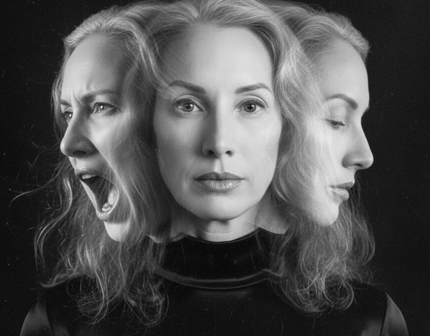 Conceptual portrait showing three emotional expressions representing the hidden experiences of chronic illness.